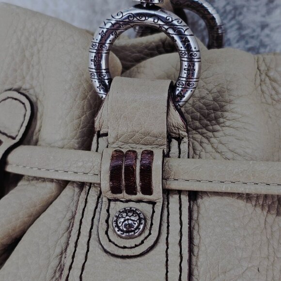 BRIGHTON Beige Pebble Leather Hobo Shoulder Bag Whipstitching Tassel Drawstring - Picture 3 of 16